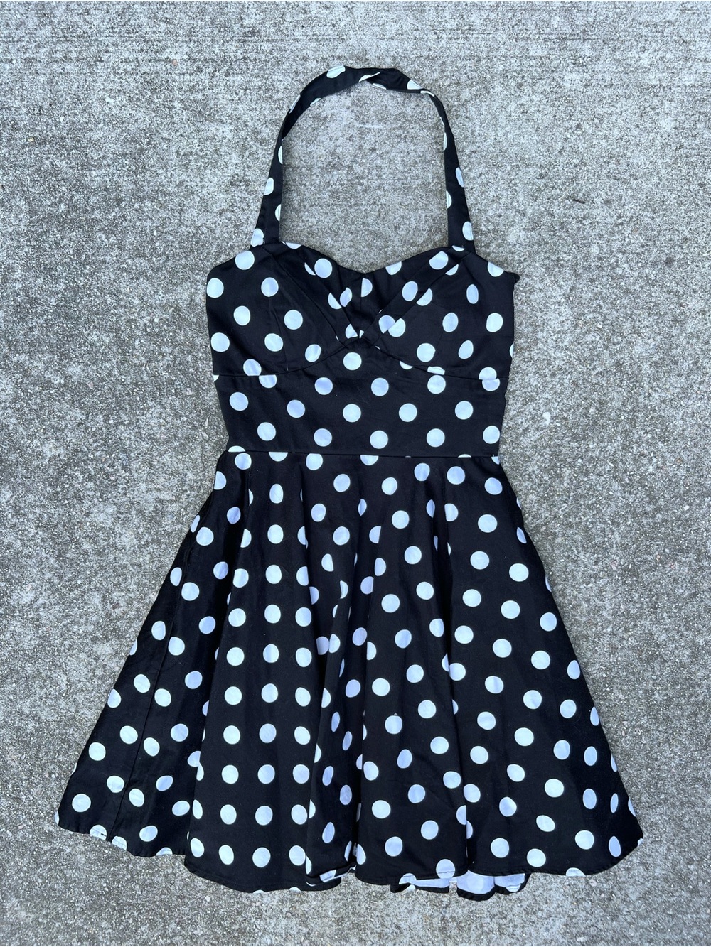 Vintage IXIA ModCloth 50s Retro Black White Polka Dot Flare Halter Mini Dress M